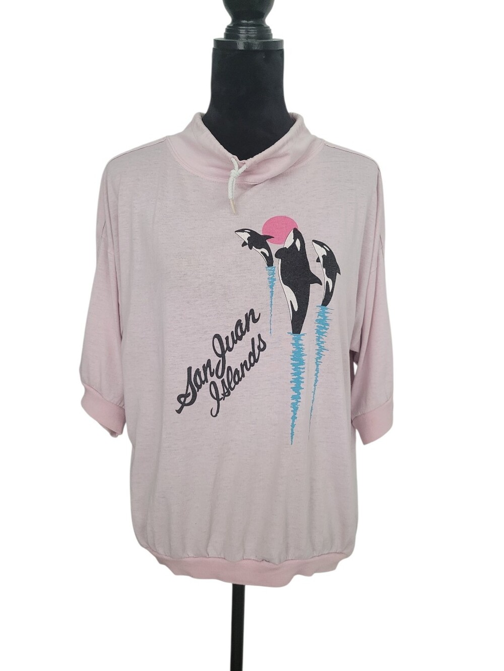 Vintage San Juan Islands Orca Graphic Pullover - Light Pink Cowl Neck
